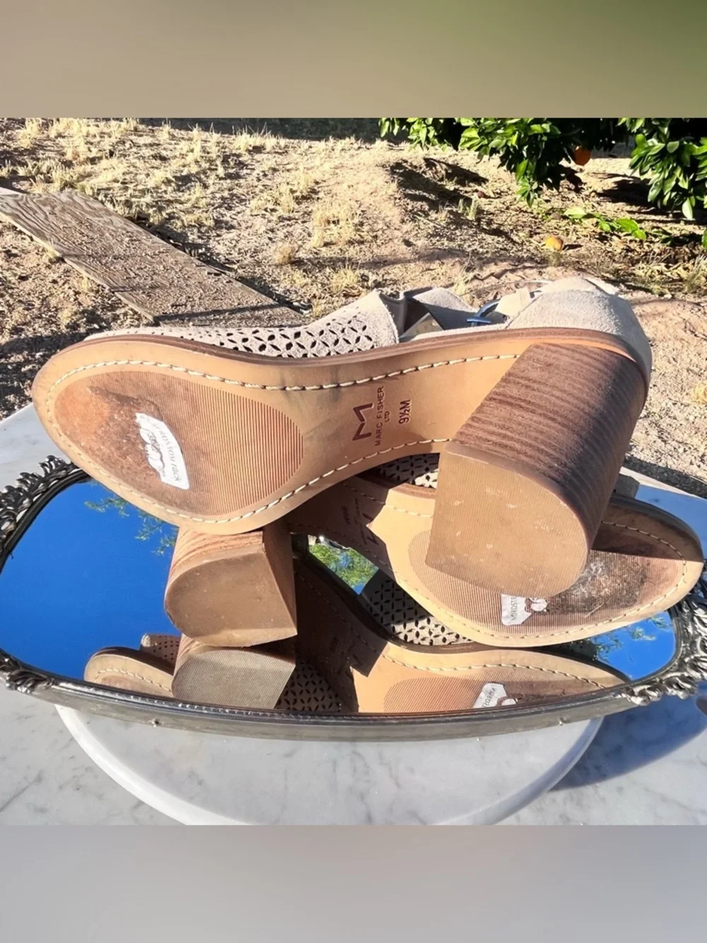 Marc Fisher Vixen Peep Toe City Sandal, 9.5, Tan Perforated Suede, 3.75” Heel - Picture 10 of 15